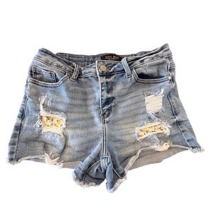 Judy Blue Womens Distressed Lemon Patch Denim Shorts Light Wash Blue Size L